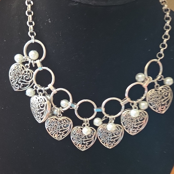 Paparazzi 6 Piece Necklace Silver Heart With Pearl Bracelets Set - Picture 7 of 17